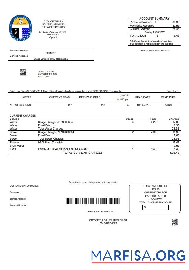 Printable USA Oklahoma City of Tulsa utility bill template in Word and PDF format